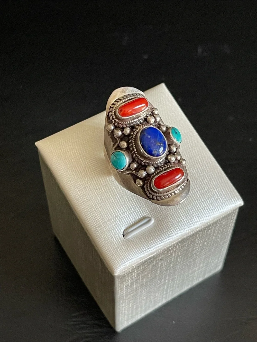 Vintage 925 Sterling genuine lapis turquoise,red coral Statement Ring.